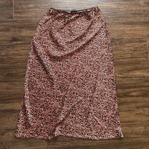 1.STATE Floral Midi Skirt XS Black Pink Ditsy Print Satin Slip Style Pull On